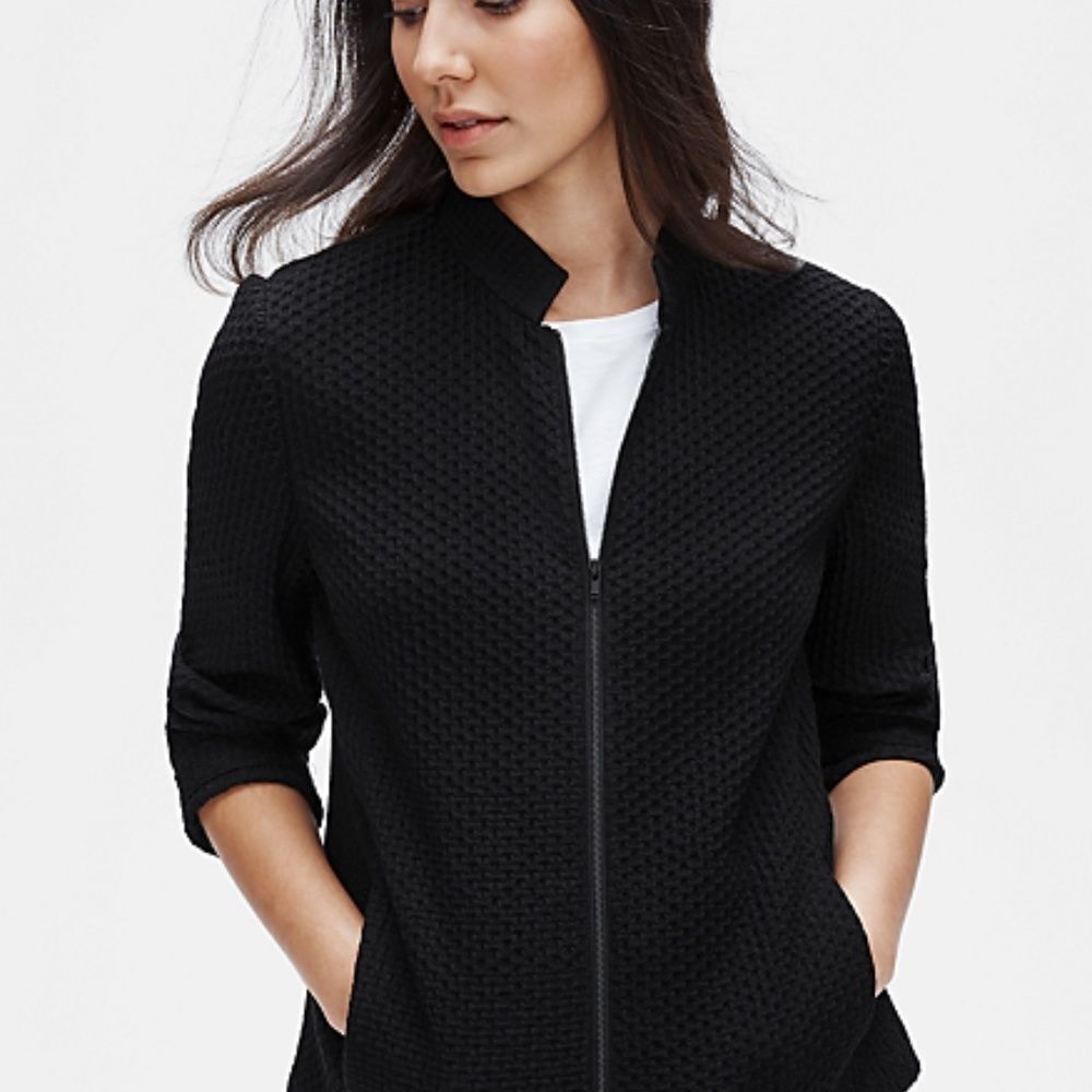 Eileen Fisher Black Rayon/Silk Front Zip‎ Textured Jacket Sz S